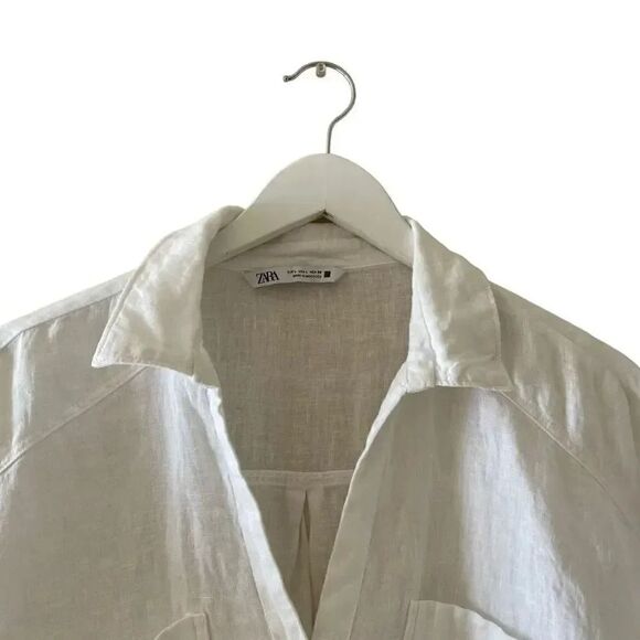 ZARA White Linen Blend Crop Button Up Shirt Boxy Minimalist Bohemian SZ L #1675 - Picture 3 of 14